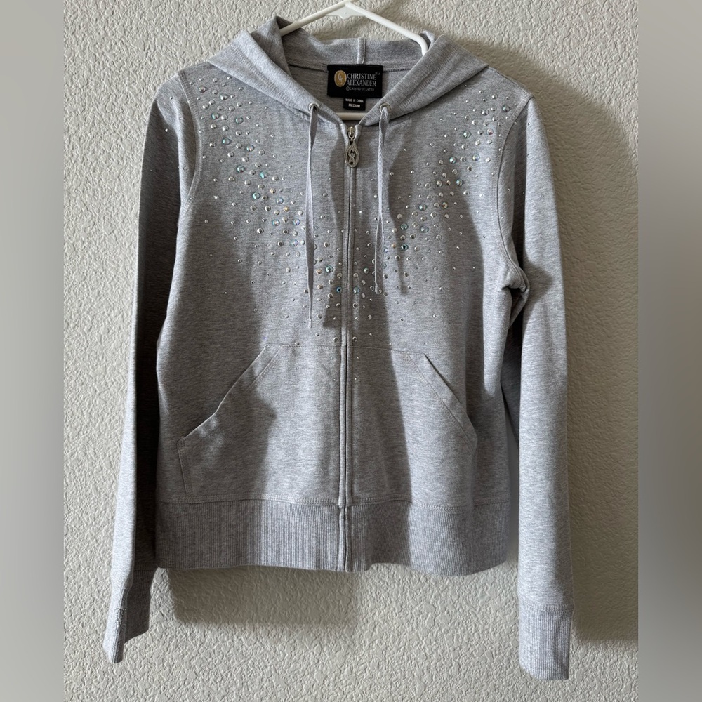 Christine Alexander Gray Zip-Up Hoodie with Rhinestone Accents